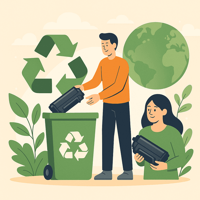 Man and woman putting toner cartridges into a recycling bin with a globe in the background