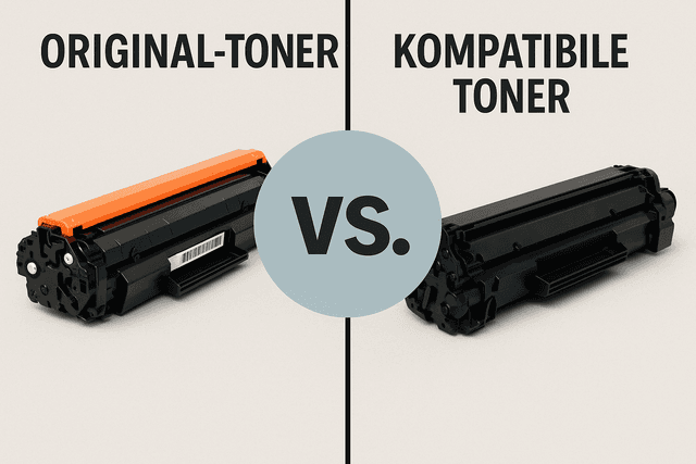 Man and woman putting toner cartridges into a recycling bin with a globe in the background